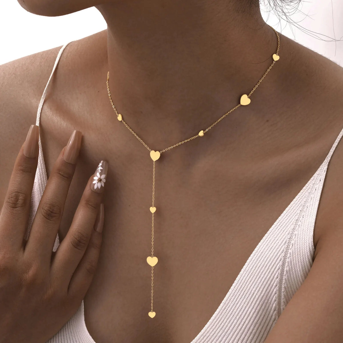 Heart Drop Lariat Chain Necklace For Women, Y Shape Long Chain Stainlss Steel 18K Gold Color  Layered Jewelry