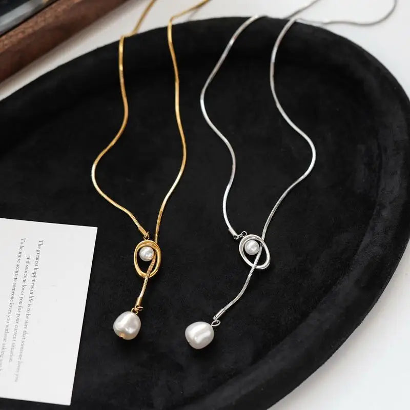 Stainless steel Pull-out Adjustable Chain Baroque Pearl Pendant Long Necklace For Womens Fashion Sweater Chain 2024 New Jewelry
