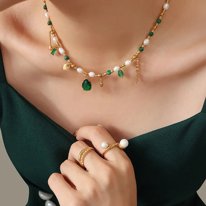 TOSOKO Stainless Steel Jewelry Turquoise Freshwater Pearl Splice Pendant Necklace Women's Elegant Clavicle Chain BSP1219