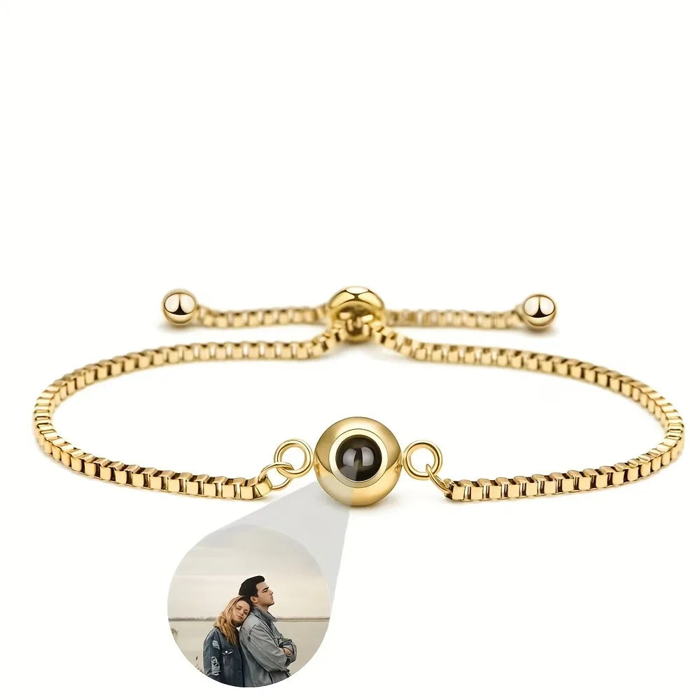 Custom Photo Projection Bracelet - Personalized Picture Chain Bracelet, Hidden Image Adjustable Box Chain Charm, Unique Gift