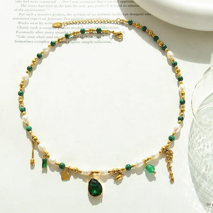 TOSOKO Stainless Steel Jewelry Turquoise Freshwater Pearl Splice Pendant Necklace Women's Elegant Clavicle Chain BSP1219